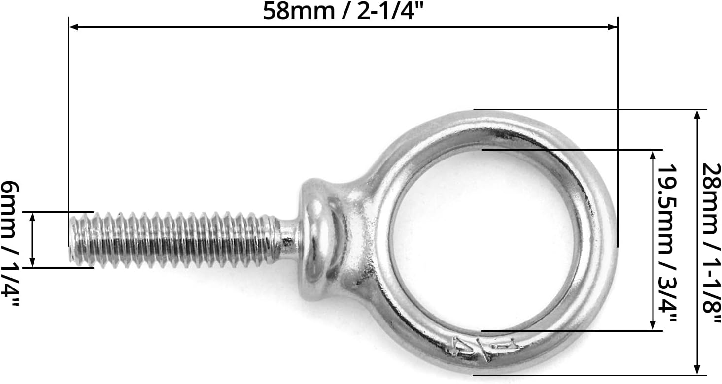 Eye Bolt, 20 Pack 1/4" - 20 x 1 Marine Grade Stainless Steel Lifting Ring Threaded Eyebolt Machinery Shoulder V1258-DP02-C-3292