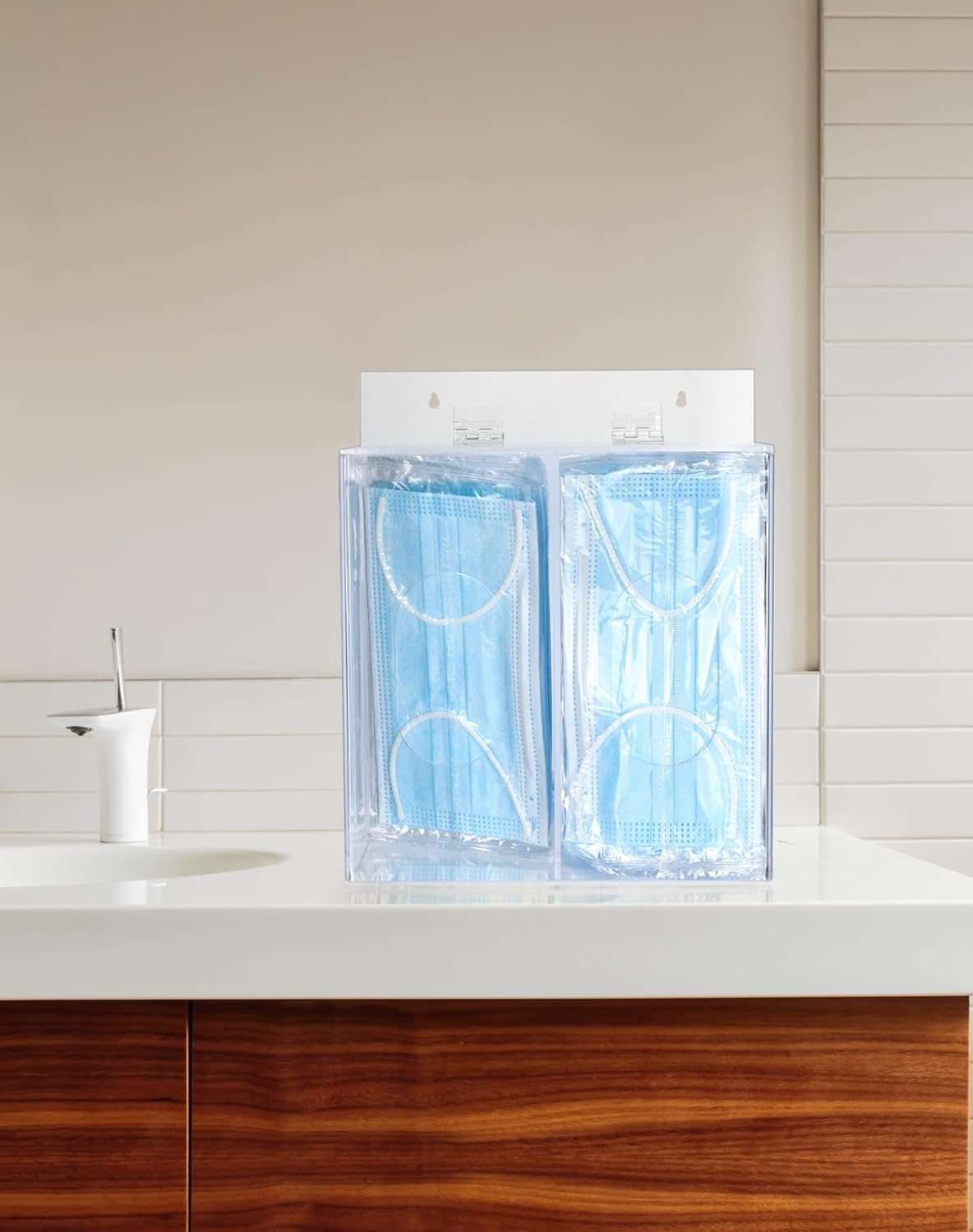 Clear Acrylic Mask and Glove Organizer - Dual Compartment Dispenser for Office, Clinic & Home Use V1258-DP02-C-3299