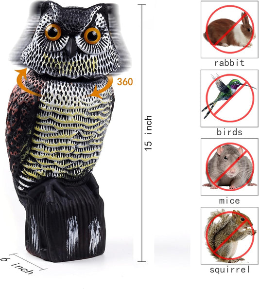 Fake Owl Decoys to Scare Birds Away, Rotating Head Sculptures, Nature Enemy Scarecrow Plastic Statues, Pest V1258-DP02-C-331