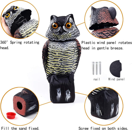 Owl Decoys to Scare Birds Away with Rotating Head,Natural Enemy Bird Deterrent Realistic Eyes & Waterproof V1258-DP02-C-332