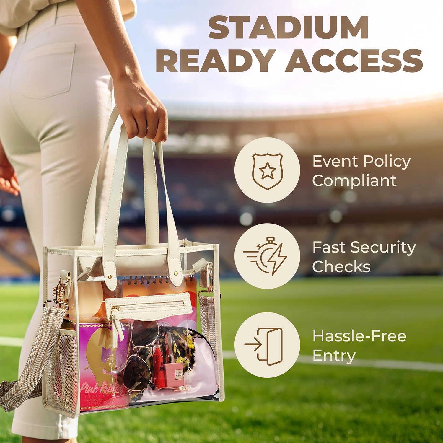 Clear Bag for Stadium Events - Large Transparent Tote - Clear Purse for Women, Work, Beach & Shopping V1258-DP02-C-3328