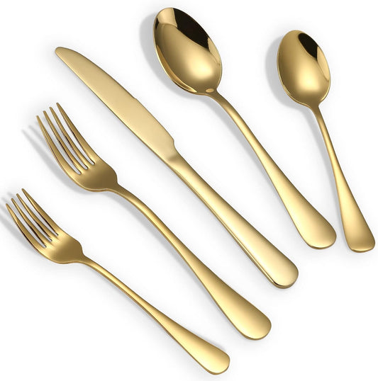 Gold Silverware Set, 20 Piece Golden Cutlery Set Service for 4, Stainless Steel Flatware Set Include Spoons V1258-DP02-C-339