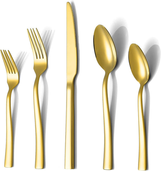 Gold Silverware Set, 40 Piece Stainless Steel Flatware Cutlery Set Service for 8 Luxury Square Tableware V1258-DP02-C-340