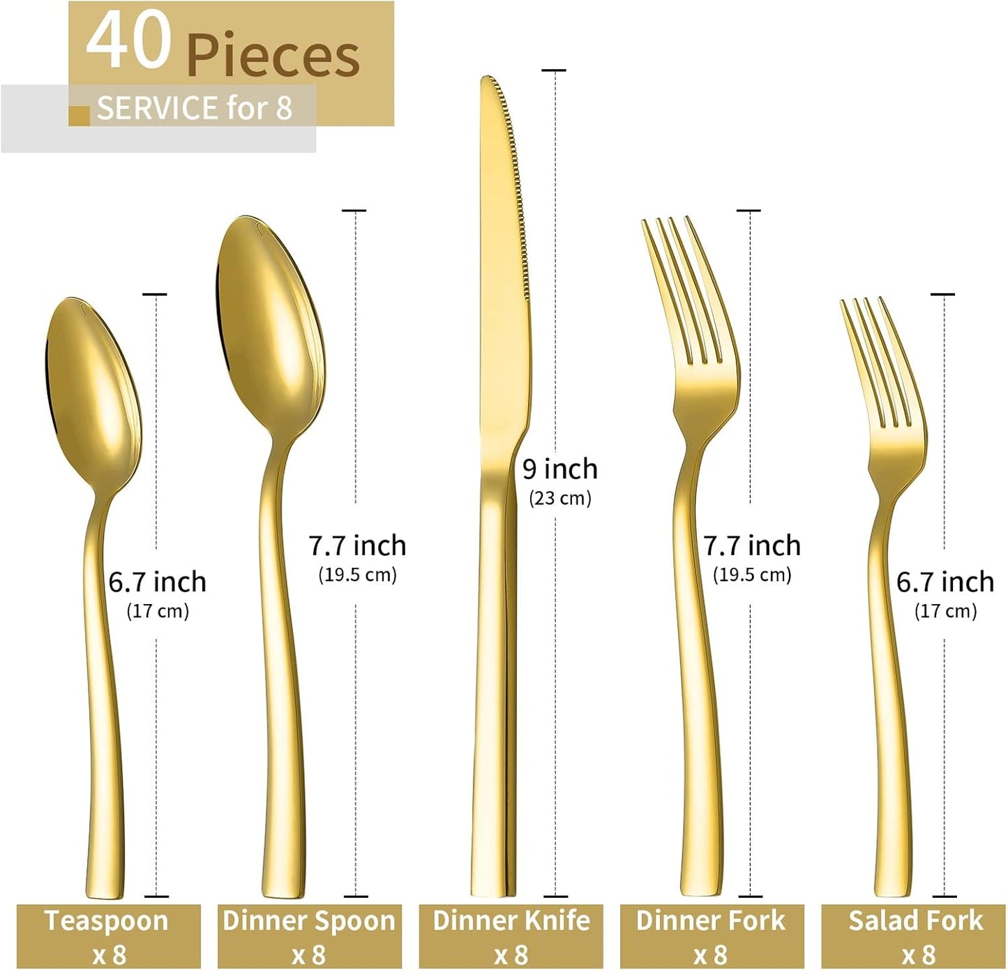 Gold Silverware Set, 40 Piece Stainless Steel Flatware Cutlery Set Service for 8 Luxury Square Tableware V1258-DP02-C-340