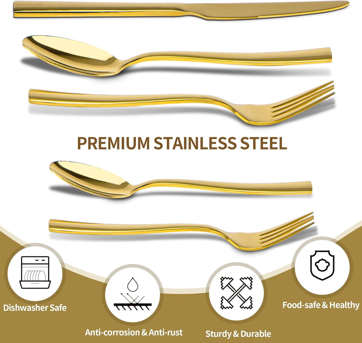 Gold Silverware Set, 40 Piece Stainless Steel Flatware Cutlery Set Service for 8 Luxury Square Tableware V1258-DP02-C-340