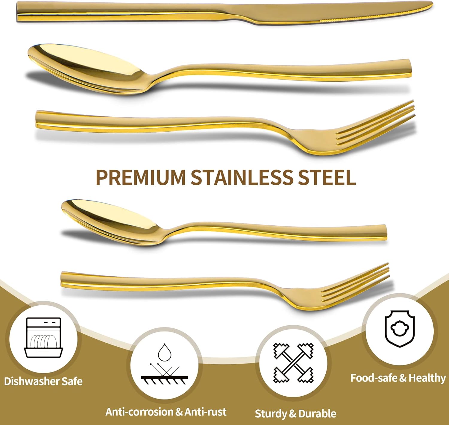 Gold Silverware Set, 40 Piece Stainless Steel Flatware Cutlery Set Service for 8 Luxury Square Tableware V1258-DP02-C-340