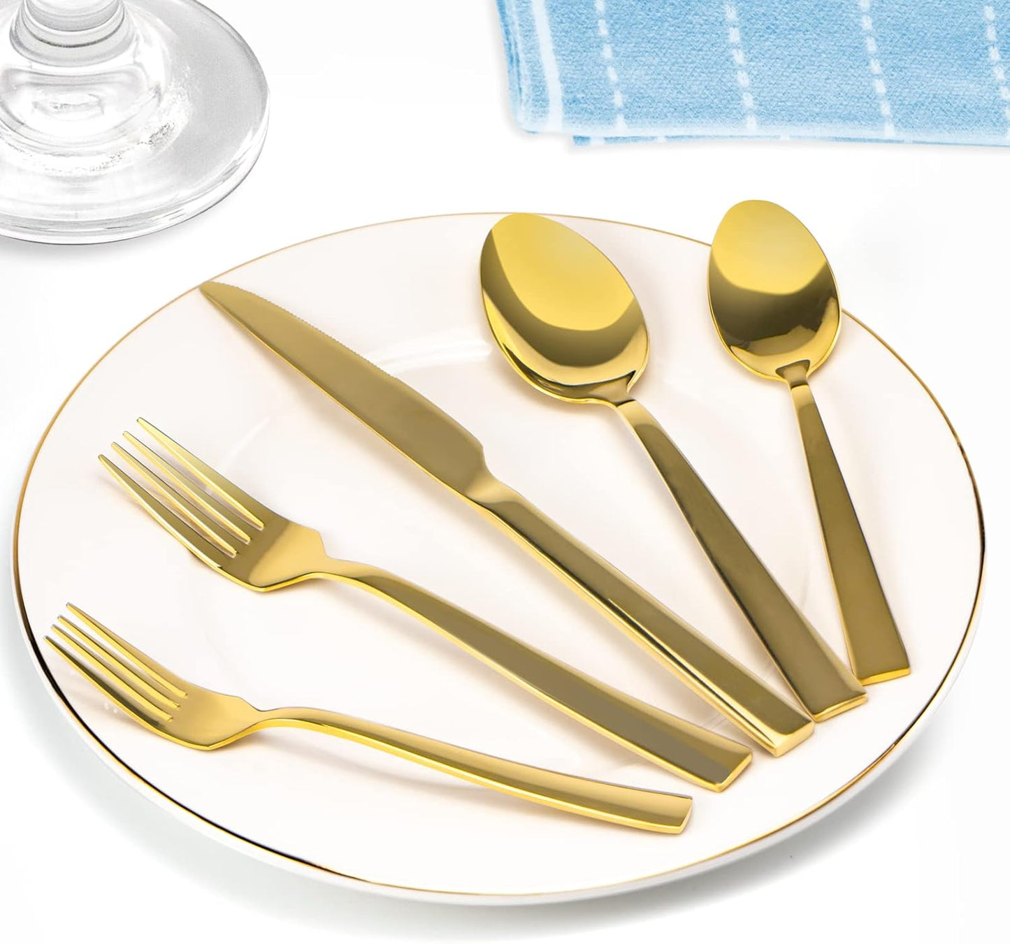 Gold Silverware Set, 40 Piece Stainless Steel Flatware Cutlery Set Service for 8 Luxury Square Tableware V1258-DP02-C-340