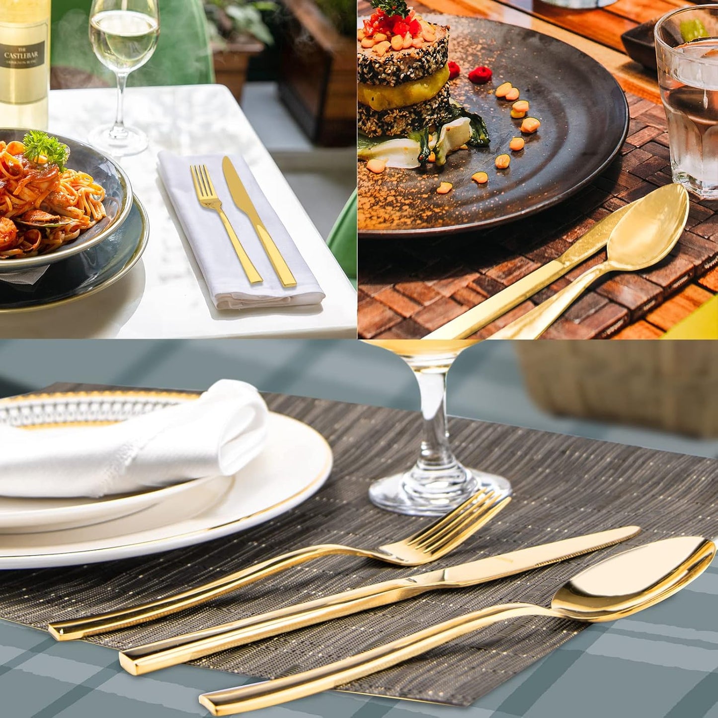 Gold Silverware Set, 40 Piece Stainless Steel Flatware Cutlery Set Service for 8 Luxury Square Tableware V1258-DP02-C-340