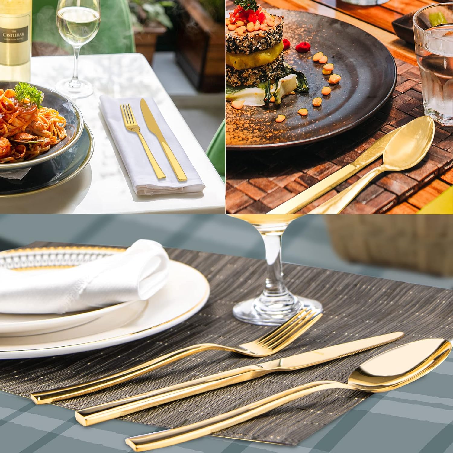 Gold Silverware Set, 40 Piece Stainless Steel Flatware Cutlery Set Service for 8 Luxury Square Tableware V1258-DP02-C-340