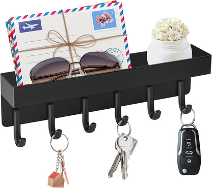 Magnetic Key Holder Wall Mount, Compact Metal Key Rack with Tray, 6 Hooks, 2 Mount Options, Black V1258-DP02-C-343