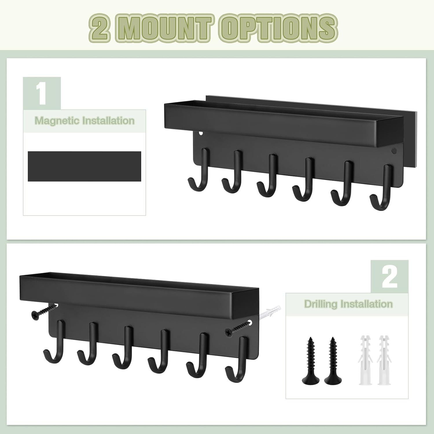 Magnetic Key Holder Wall Mount, Compact Metal Key Rack with Tray, 6 Hooks, 2 Mount Options, Black V1258-DP02-C-343
