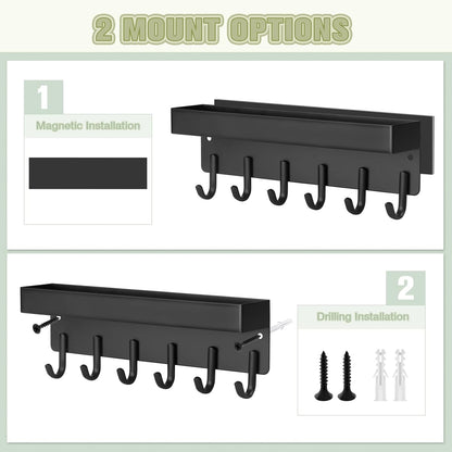 Magnetic Key Holder Wall Mount, Compact Metal Key Rack with Tray, 6 Hooks, 2 Mount Options, Black V1258-DP02-C-343