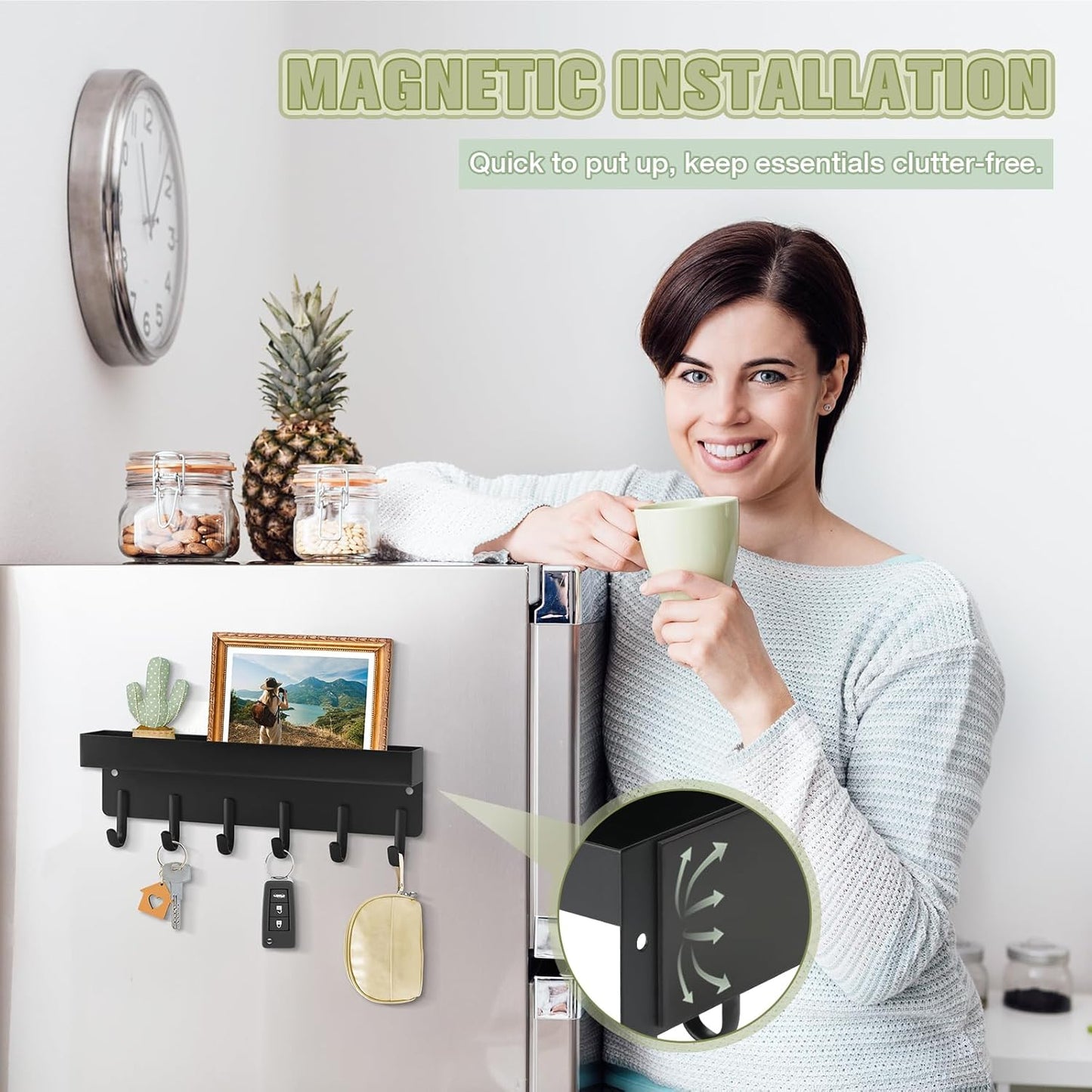 Magnetic Key Holder Wall Mount, Compact Metal Key Rack with Tray, 6 Hooks, 2 Mount Options, Black V1258-DP02-C-343