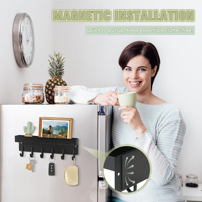 Magnetic Key Holder Wall Mount, Compact Metal Key Rack with Tray, 6 Hooks, 2 Mount Options, Black V1258-DP02-C-343