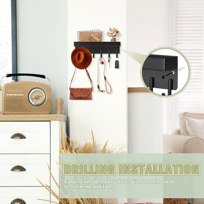 Magnetic Key Holder Wall Mount, Compact Metal Key Rack with Tray, 6 Hooks, 2 Mount Options, Black V1258-DP02-C-343