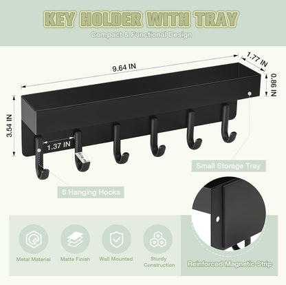 Magnetic Key Holder Wall Mount, Compact Metal Key Rack with Tray, 6 Hooks, 2 Mount Options, Black V1258-DP02-C-343