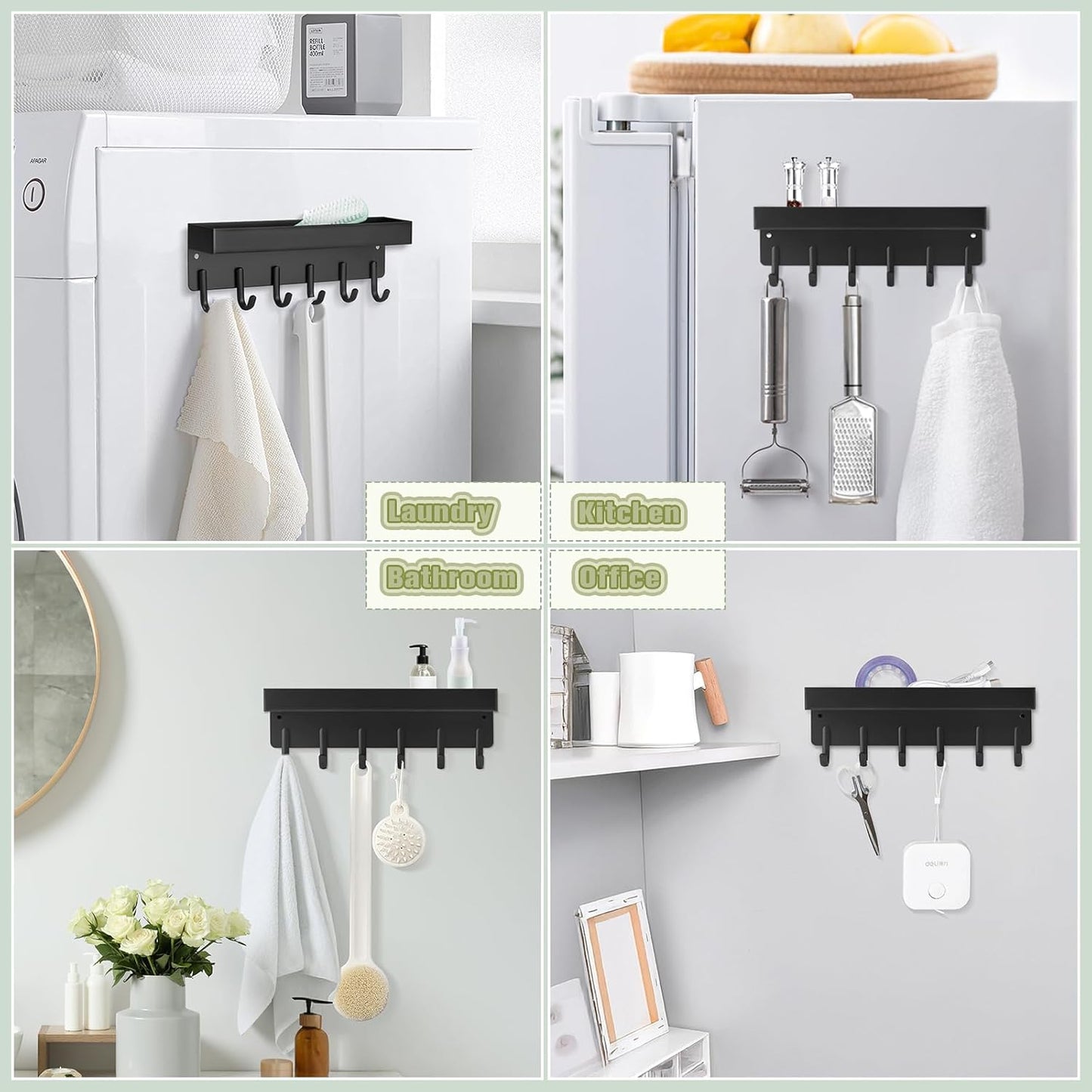 Magnetic Key Holder Wall Mount, Compact Metal Key Rack with Tray, 6 Hooks, 2 Mount Options, Black V1258-DP02-C-343