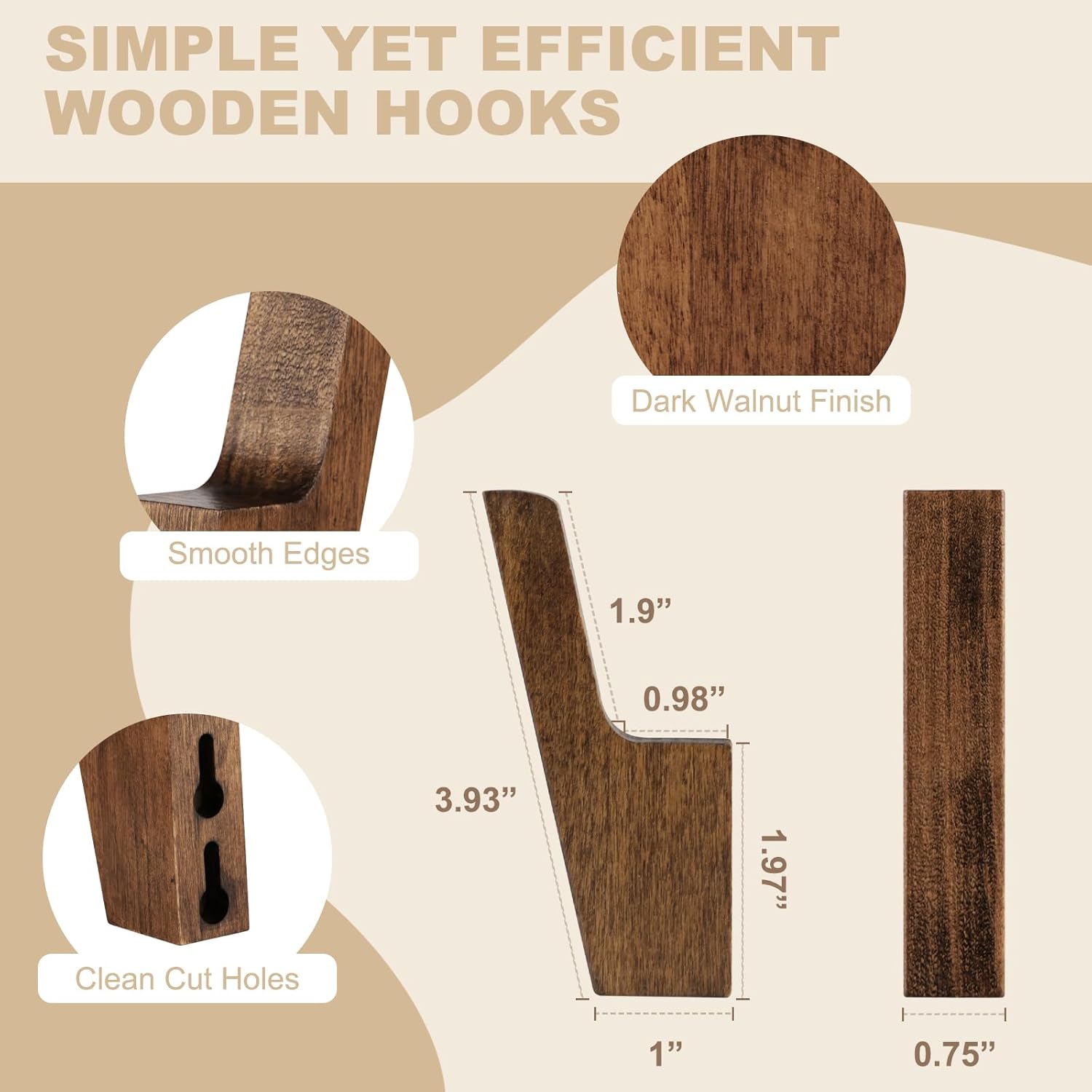 Walnut Wall Hooks, Wall Mount Wooden Coat Hooks for Entryway Cubicle, Brown, 4 Pcs V1258-DP02-C-344