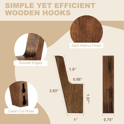 Walnut Wall Hooks, Wall Mount Wooden Coat Hooks for Entryway Cubicle, Brown, 4 Pcs V1258-DP02-C-344