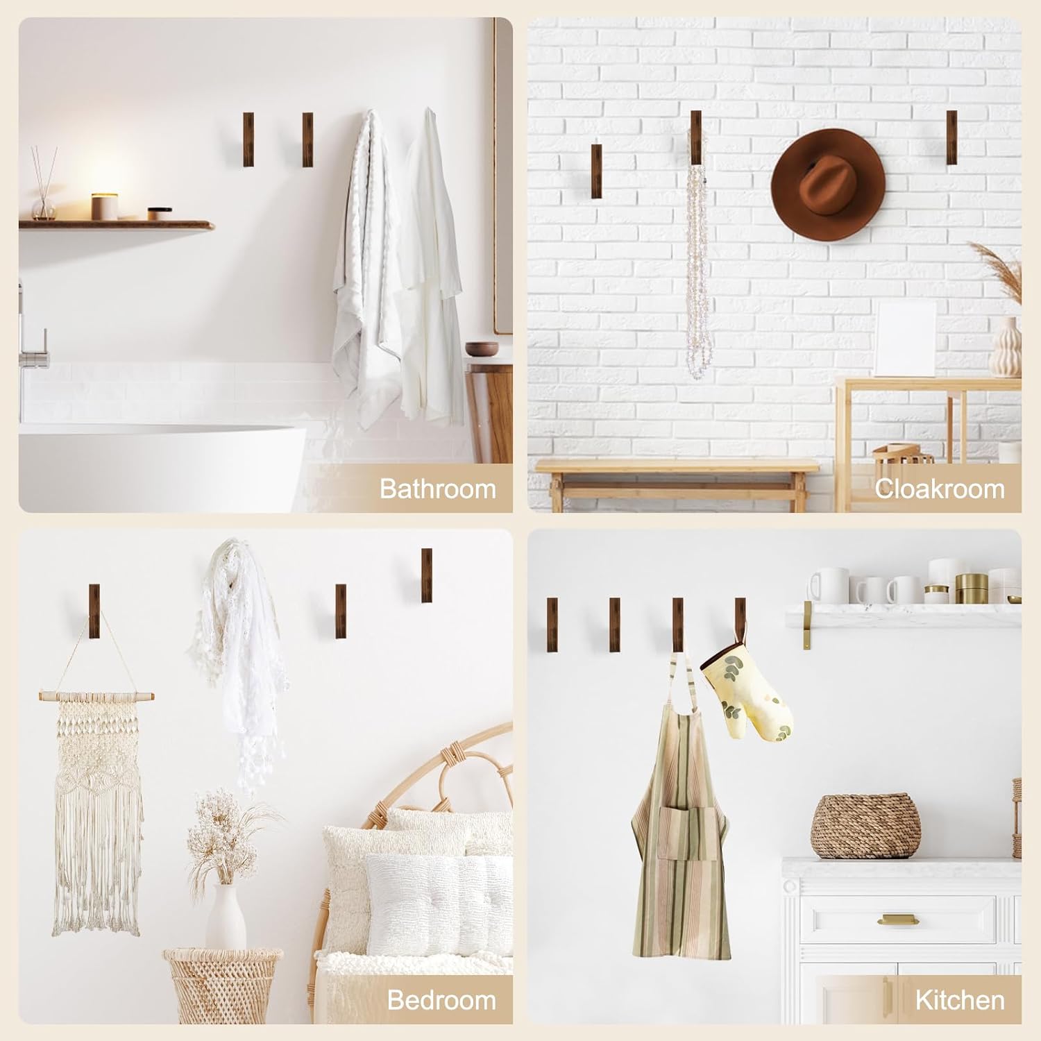 Walnut Wall Hooks, Wall Mount Wooden Coat Hooks for Entryway Cubicle, Brown, 4 Pcs V1258-DP02-C-344