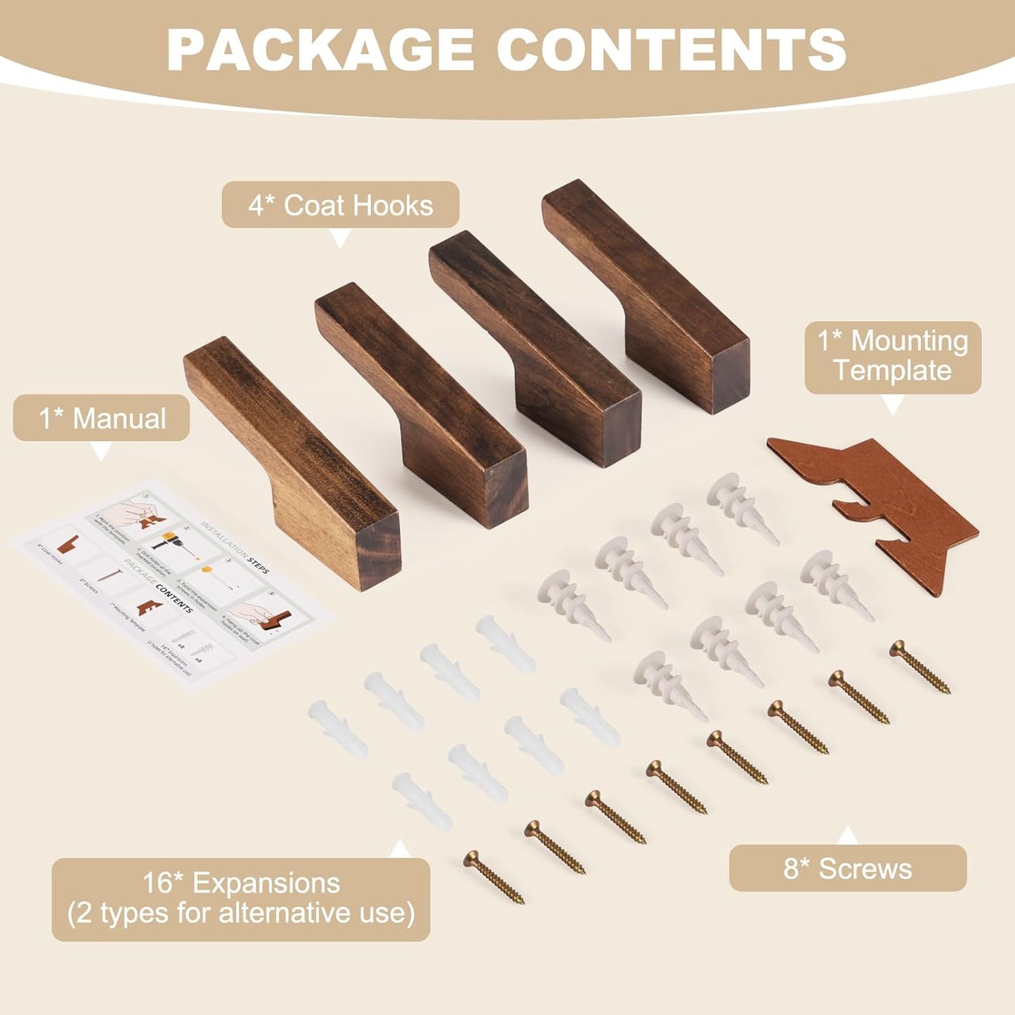 Walnut Wall Hooks, Wall Mount Wooden Coat Hooks for Entryway Cubicle, Brown, 4 Pcs V1258-DP02-C-344