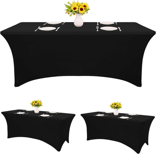 3 Pack Table Cloth 6ft Black Tablecloths for Rectangle Folding Table Spandex Fitted Stretch Cover Wrinkle V1258-DP02-C-352