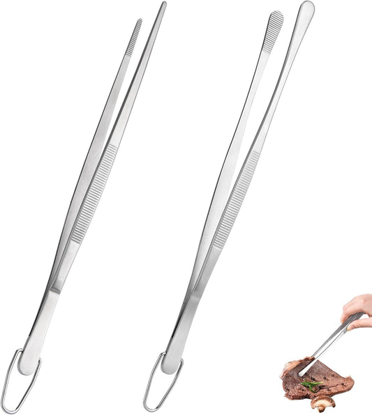 12" Kitchen Cooking Tweezer Set: 18/8 Stainless Steel Food-Grade Metal Food Tong, Flexible Pinching, V1258-DP02-C-357