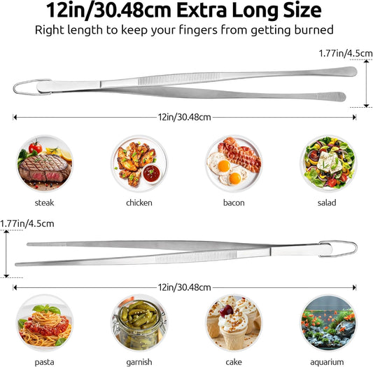 12" Kitchen Cooking Tweezer Set: 18/8 Stainless Steel Food-Grade Metal Food Tong, Flexible Pinching, V1258-DP02-C-357