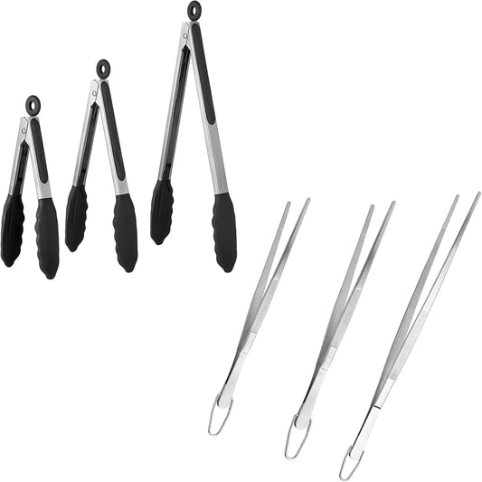 600oF Heat Resistant 7/9/12 inches Silicone Cooking Tongs with Non Stick Rubber Tips (Black) and 8"+10"+12" V1258-DP02-C-377
