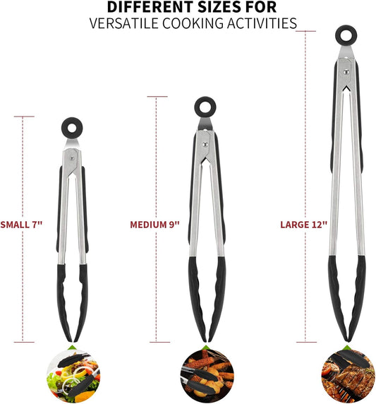 600oF Heat Resistant 7/9/12 inches Silicone Cooking Tongs with Non Stick Rubber Tips (Black) and 8"+10"+12" V1258-DP02-C-377