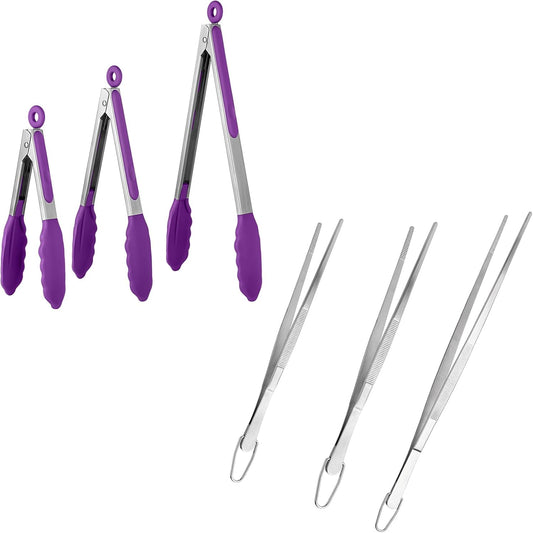 600oF Heat Resistant 7/9/12 inches Silicone Cooking Tongs with Non Stick Rubber Tips (Purple) and 8"+10"+12" V1258-DP02-C-378