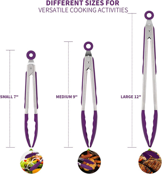 600oF Heat Resistant 7/9/12 inches Silicone Cooking Tongs with Non Stick Rubber Tips (Purple) and 8"+10"+12" V1258-DP02-C-378