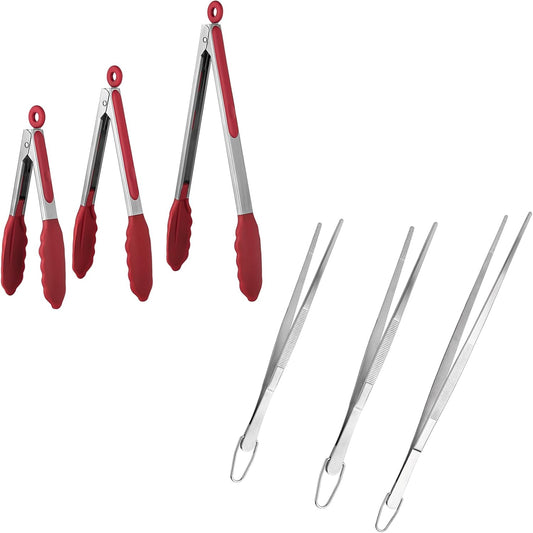 600oF Heat Resistant 7/9/12 inches Silicone Cooking Tongs with Non Stick Rubber Tips (Red) and 8"+10"+12" V1258-DP02-C-379