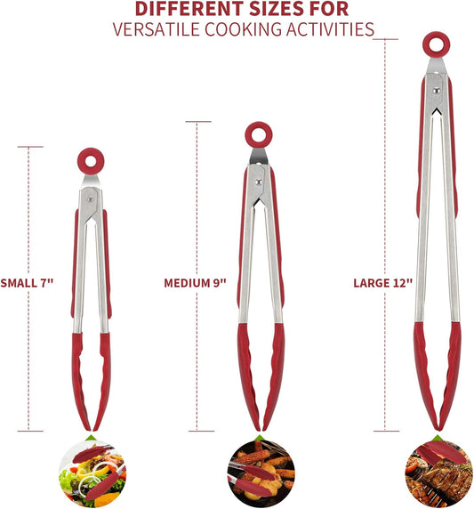 600oF Heat Resistant 7/9/12 inches Silicone Cooking Tongs with Non Stick Rubber Tips (Red) and 8"+10"+12" V1258-DP02-C-379