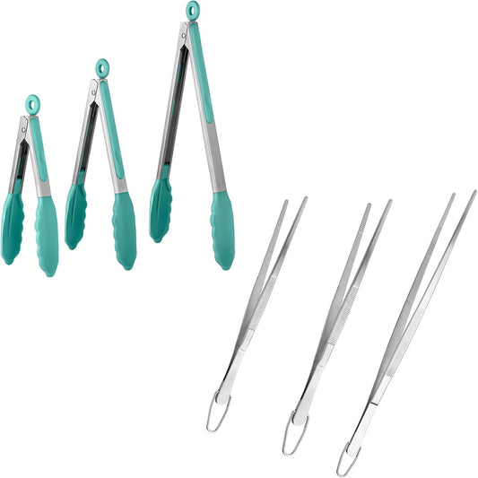 600oF Heat Resistant 7/9/12 inches Silicone Cooking Tongs with Non Stick Rubber Tips (Aqua Sky) and V1258-DP02-C-381