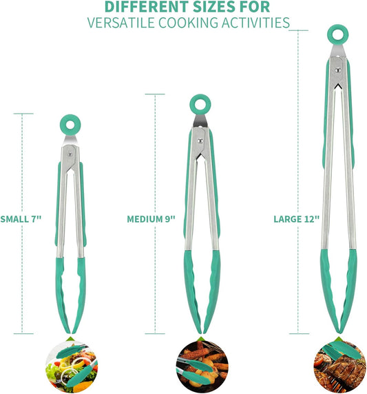 600oF Heat Resistant 7/9/12 inches Silicone Cooking Tongs with Non Stick Rubber Tips (Aqua Sky) and V1258-DP02-C-381