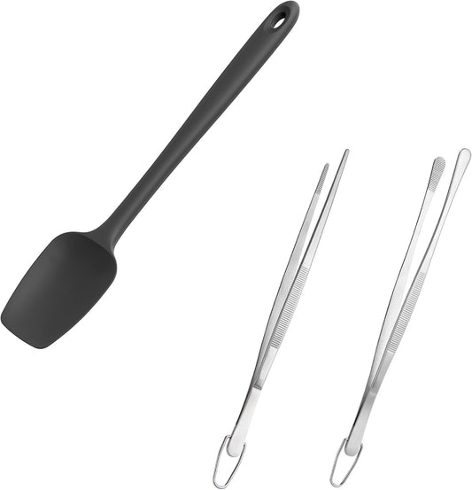 600oF High Heat Flexible 14in Extra Large Silicone Spoon Spatula (Black) and 12" Kitchen Cooking Tweezer Set: V1258-DP02-C-397