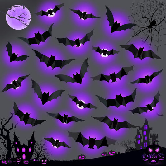 36 PCS LED Purple Lighted 3D Bats Halloween Decoration, 5 Sizes & 4 Shapes Removable PVC Bats Sticker, V1258-DP02-C-408