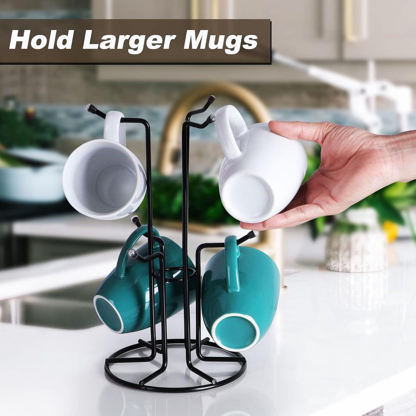 Mug Tree for Large Cups, Counter Coffee Mug Holder with 6 Hooks, Metal Coffee Cup Holder Tree, Standing Rack V1258-DP02-C-412