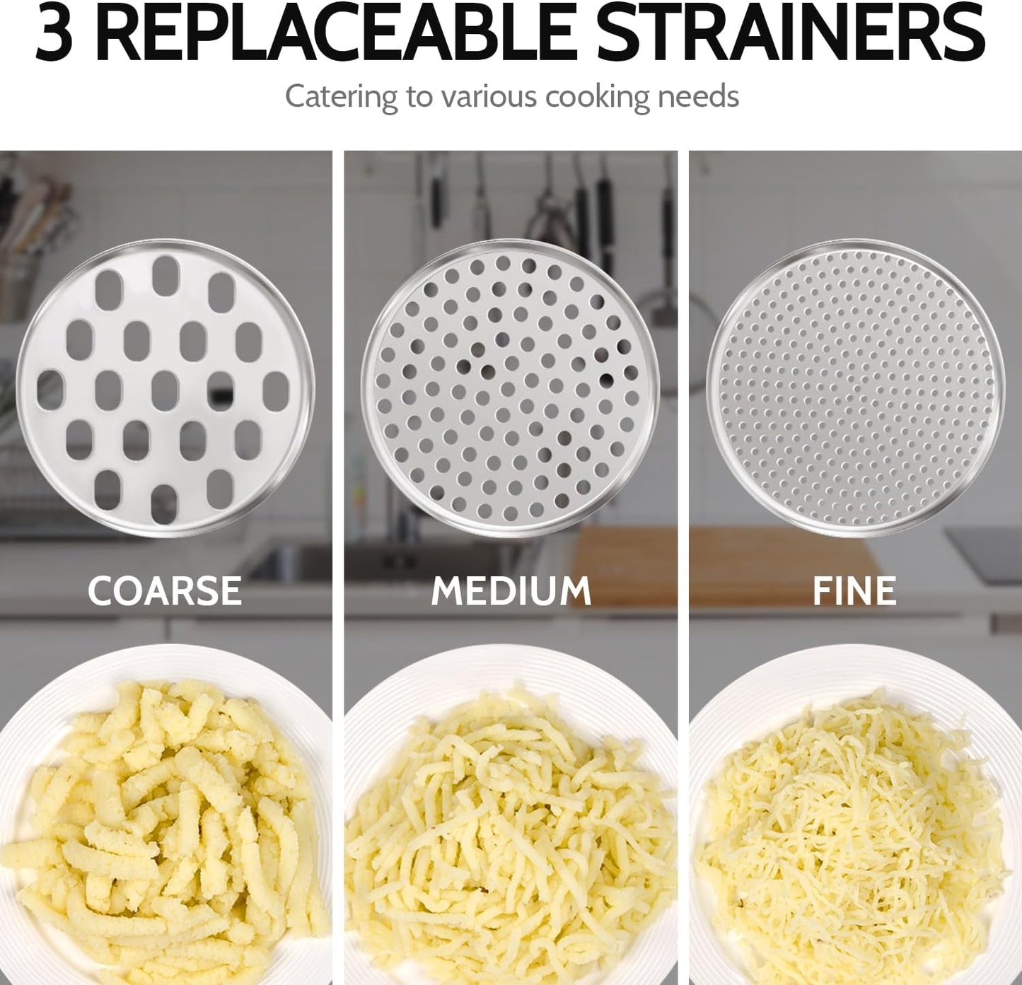 Potato Ricer, Upgraded Stainless Steel Potato Masher with 3 Interchangeable Discs, Heavy Duty Kitchen Tool V1258-DP02-C-418