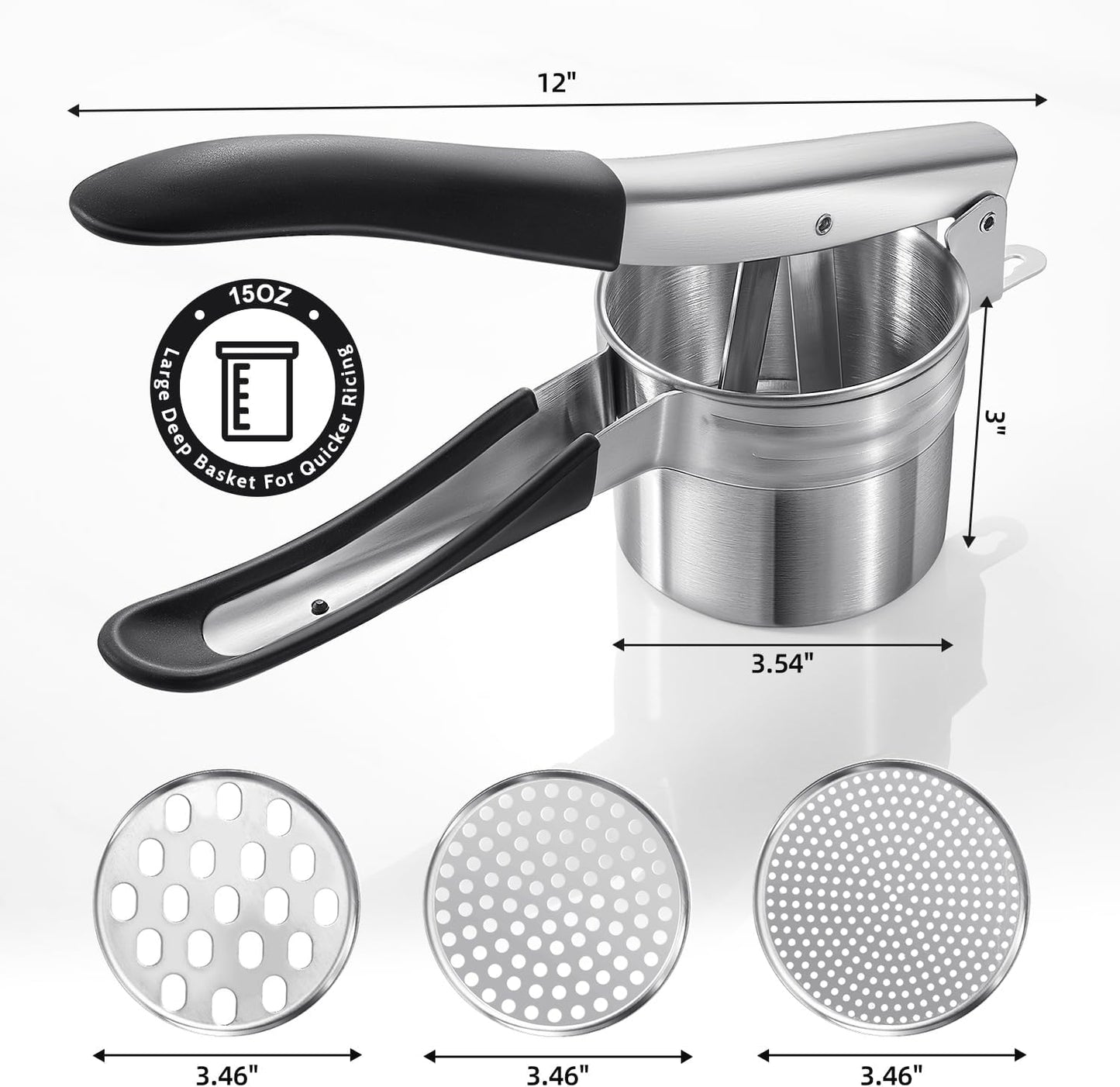 Potato Ricer, Upgraded Stainless Steel Potato Masher with 3 Interchangeable Discs, Heavy Duty Kitchen Tool V1258-DP02-C-418