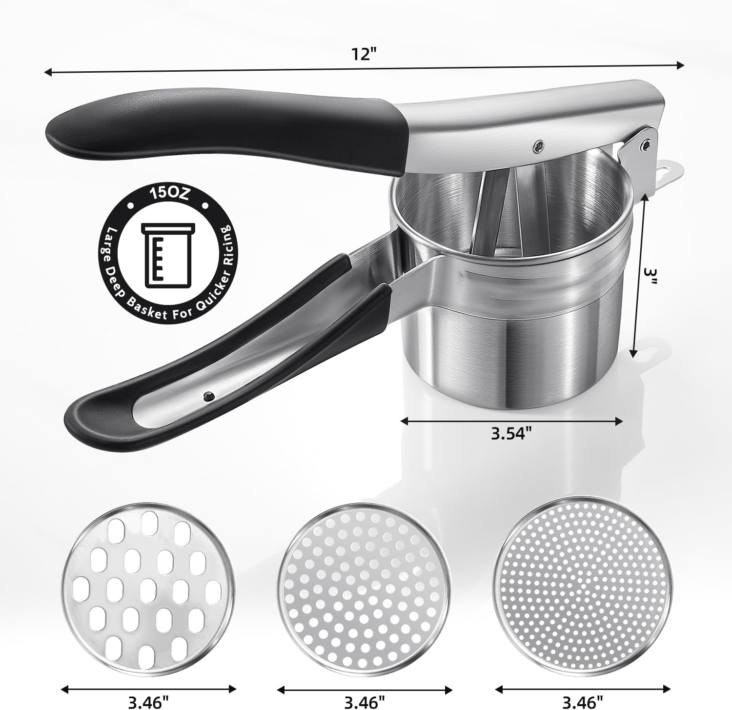 Potato Ricer, Upgraded Stainless Steel Potato Masher with 3 Interchangeable Discs, Heavy Duty Kitchen Tool V1258-DP02-C-418