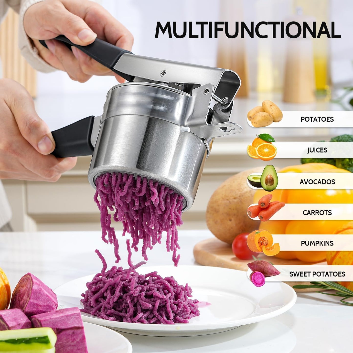 Potato Ricer, Upgraded Stainless Steel Potato Masher with 3 Interchangeable Discs, Heavy Duty Kitchen Tool V1258-DP02-C-418