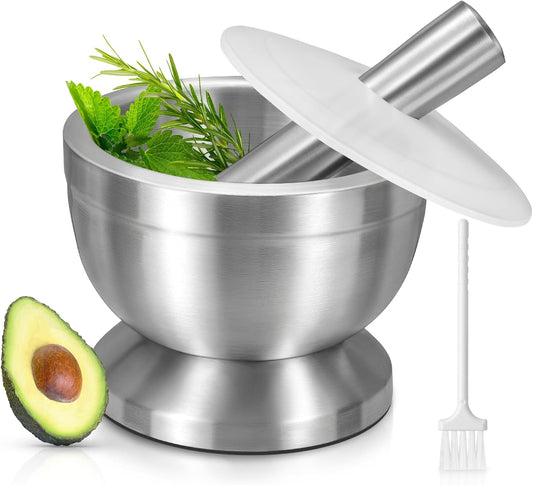 Mortar and Pestle, 18/8 Stainless Steel Spice Grinder Pill Crusher with Lid for Crushing Grinding Ergonomic V1258-DP02-C-419