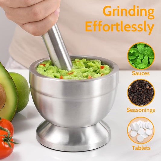 Mortar and Pestle, 18/8 Stainless Steel Spice Grinder Pill Crusher with Lid for Crushing Grinding Ergonomic V1258-DP02-C-419