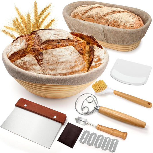 Sourdough Proofing Basket Gift Set, 9" Round and 10" Oval Banneton Bread Baking Supplies, Sourdough Baskets V1258-DP02-C-42