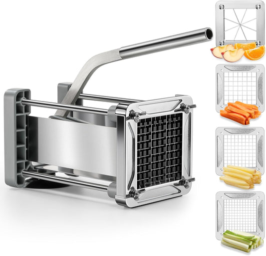French Fry Cutter, Professional Stainless Steel Potato Cutter with 1/2", 1/4", 3/8" & Wedge Blades for V1258-DP02-C-420