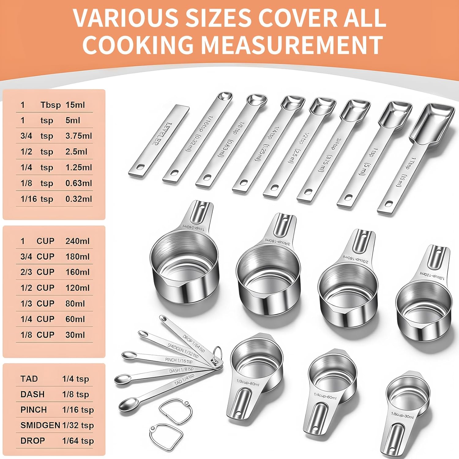 Measuring Cups and Spoons Set, 7 Stainless Steel Nesting Measuring Cups & 7 Spoons, 5 Mini Measuring Spoons V1258-DP02-C-43
