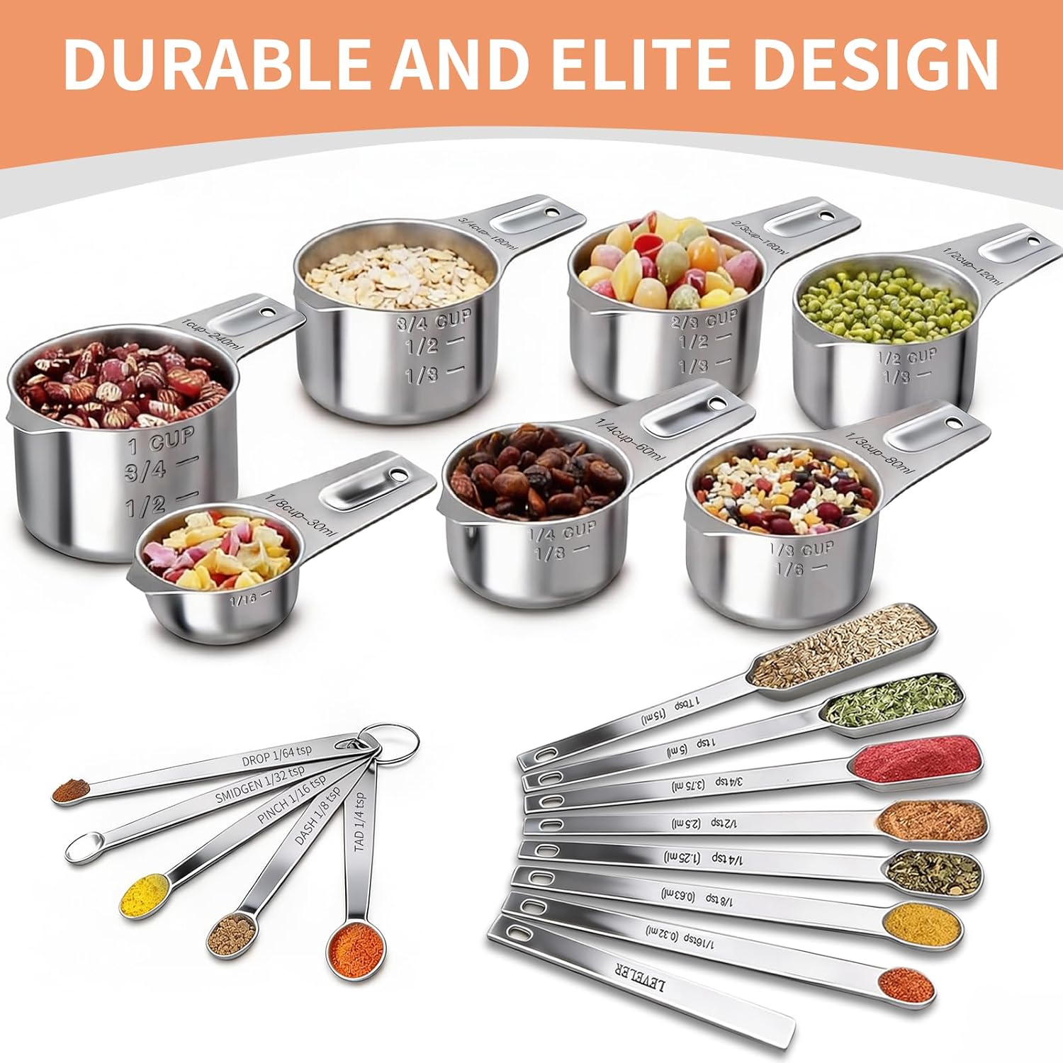 Measuring Cups and Spoons Set, 7 Stainless Steel Nesting Measuring Cups & 7 Spoons, 5 Mini Measuring Spoons V1258-DP02-C-43