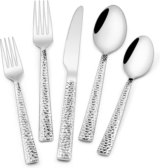 Hammered Silverware Set, 40-Piece Stainless Steel Square Flatware Set for 8, Food-Grade Tableware Cutlery V1258-DP02-C-44